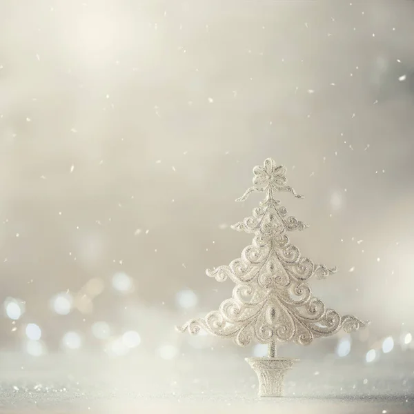 Árbol Navidad Brillo Plateado Sobre Fondo Gris Con Luces Bokeh — Foto de Stock