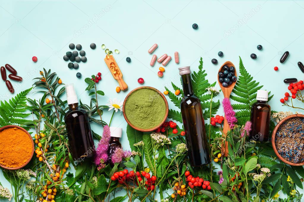 Alternative medicine. Holistic approach. Healing herbs and flowers over blue background. Top view, copy space, flat lay. Banner