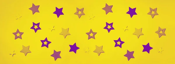バイオレット、黄色の背景に紫色の星。新年、誕生日、ベビーシャワーパーティーのテクスチャ。創造的なパターン。バナー — ストック写真