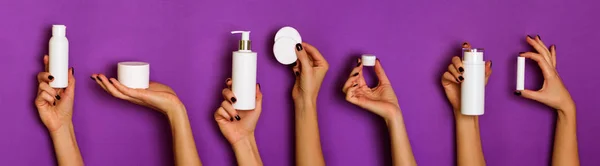 Female Hands Holding White Cosmetics Bottles Lotion Cream Serum Violet — Stock Photo, Image