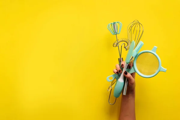 Baking Flat Lay Female Hands Holding Kitchen Tools Sieve Rolling — Stock Photo, Image