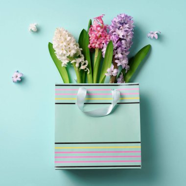 Kağıt torba mavi punchy pastel arka plan üzerinde alışveriş sümbül çiçek bahar. Kare ürün. Bahar, yaz ve Bahçe kavramı. Yaratıcı düzeni. Üstten Görünüm, düz yatıyordu. Kare kırpma