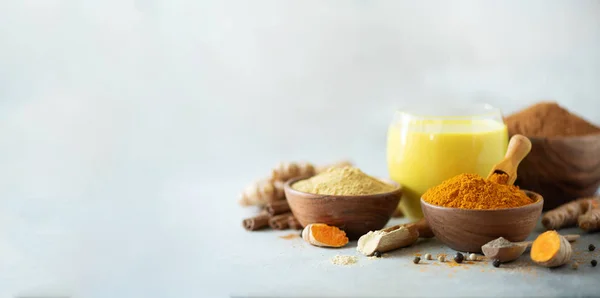 Healthy Vegan Turmeric Latte Golden Milk Turmeric Root Ginger Powder — Stock Photo, Image