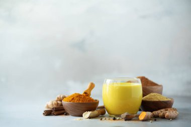 Zerdeçal latte için malzemeler. Zerdeçal tozu, curcuma kök, tarçın, zencefil gri arka plan üzerinde. Alan, kare kırpma kopyalayın. Ayurvedik tedavi için baharat. Alternatif Tıp kavramı.