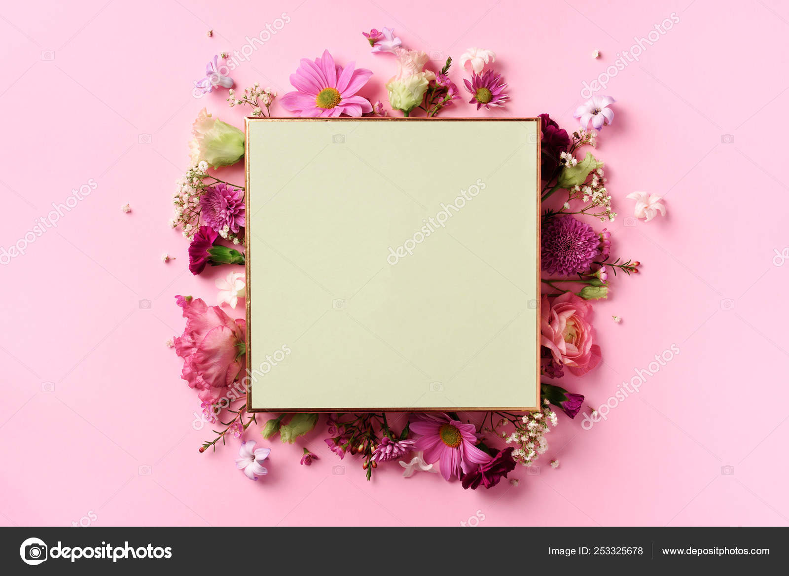 Frame of pink flowers over punchy pastel background. Valentines day, Woman  day concept. Spring or summer banner with copy space — Stock Photo ©  j.chizhe #253325678, image size:1600x1168