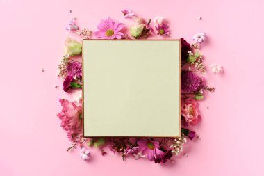 Pembe çiçekli bir çerçeve, parlak pastel arka planda. Sevgililer Günü, Kadın Günü konsepti. Fotokopi alanı olan bahar ya da yaz afişi