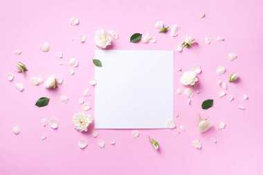 Pastel pembe arka planda beyaz çiçek çerçevesi. Sevgililer Günü, Kadın Günü konsepti. Fotokopi alanı olan bahar ya da yaz afişi