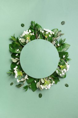 Yeşil arka planda tropikal yapraklar ve beyaz çiçeklerden oluşan yaratıcı bir düzen. Üst Manzara. Düz yatıyordu. Yaz ya da bahar doğa konsepti. Reklam kartı ya da davetiye için boş. Model