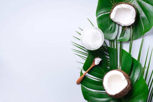 Green tropical monstera leaves, ripe coconuts, coconut oil on grey background with copy space. Top view. Summer creative layout. Skin care cosmetics. Hair, body treatment