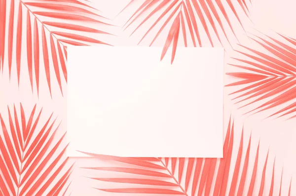 Tropical palm leaves on trendy coral color background with paper card note. Minimal summer concept. Creative layout. Top view, flat lay.