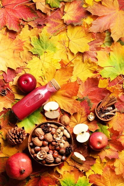 Podzimní veganská a vegetariánská koncepce jídla. Čas sklizně. Jablka, granátové jablko, ořechy, koření, láhev červeného nápoje - smoothie nebo džus přes barevné listy pozadí. Horní pohled — Stock fotografie