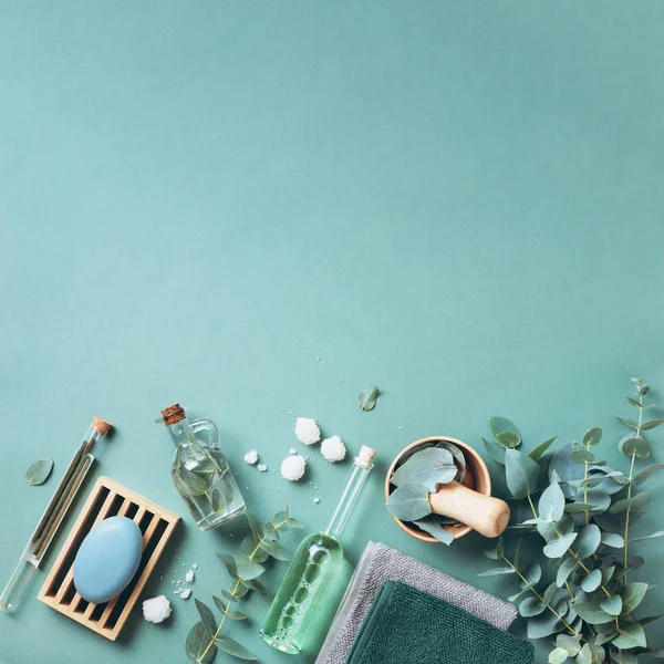Soap, eucalyptus, towels, massage brush, salt, aroma oil and other spa objects on green background. Top view. Skin care, body treatment concept. Banner. — 스톡 사진