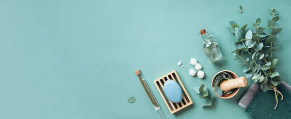 Soap, eucalyptus, towels, massage brush, salt, aroma oil and other spa objects on green background. Top view. Skin care, body treatment concept. Banner. — 스톡 사진