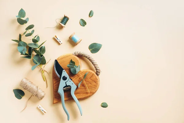 Eucalyptus bouquet creating with baby blue eucalyptus branches over pastel background. Florist work concept. Top view. Flat lay. — 스톡 사진