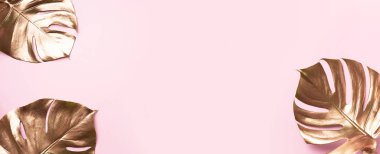 En az düzeyde egzotik yaz trendi. Pastel pembe arka planda altın tropik palmiye canavarı yaprağı. Parlak ve ışıltılı tasarım, moda konsepti.