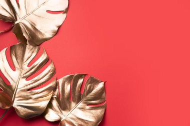 En az düzeyde egzotik yaz trendi. Kırmızı arka planda altın tropikal palmiye yaprağı. Parlak ve ışıltılı tasarım, moda konsepti.