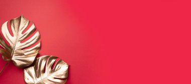 Kırmızı arka planda kopyalanmış altın tropikal canavar yaprağı. Üst Manzara. Düz yatıyordu. Yaratıcı düzen. Minimum stilde egzotik yaz konsepti