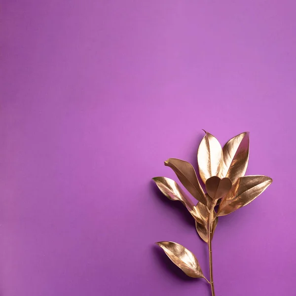 Floral conceito estilo mínimo. Tendência de verão exótica. Folhas tropicais douradas e galho sobre fundo cor violeta. Brilhante e brilho design, conceito de moda. — Fotografia de Stock