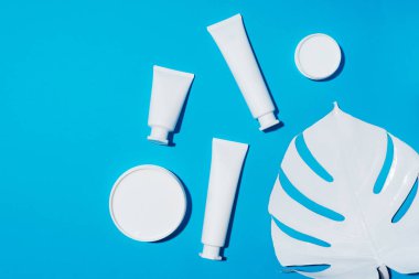 Beyaz plastik kozmetik kavanoz, tüp, şişe ve mavi arka planda tropikal canavar yaprağı. Üst Manzara. Düz yatıyordu. Model-up. Kozmetik, cilt bakımı, güzellik, vücut tedavisi konsepti