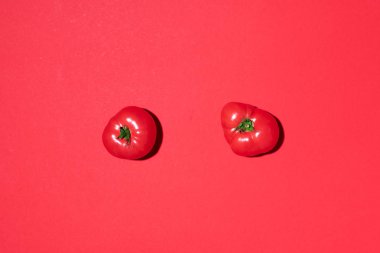 Kırmızı arka planda kırmızı domates deseni. Düz yerde, üst tarafta. Yaz asgari konsepti. Vejetaryen ve vejetaryen diyeti