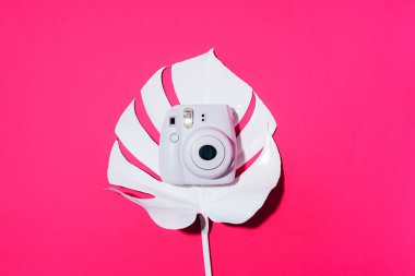 Vilnius, Litvanya - 16 Eylül 2019: Fujifilm Instax Mini Anlık Kamera pembe arka planda.