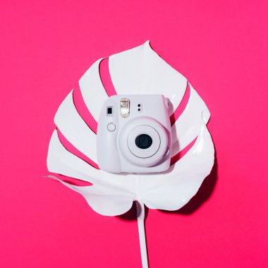 Vilnius, Litvanya - 16 Eylül 2019: Fujifilm Instax Mini Anlık Kamera pembe arka planda.