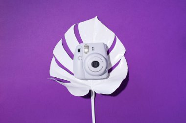Vilnius, Litvanya - 16 Eylül 2019: Fujifilm Mini Instant Kamera menekşe arkaplan üzerine.