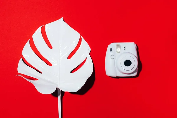 リトアニア・ヴィリニュス2019年9月16日:富士フイルムInstax Mini Instant Film Camera on red background.. — ストック写真