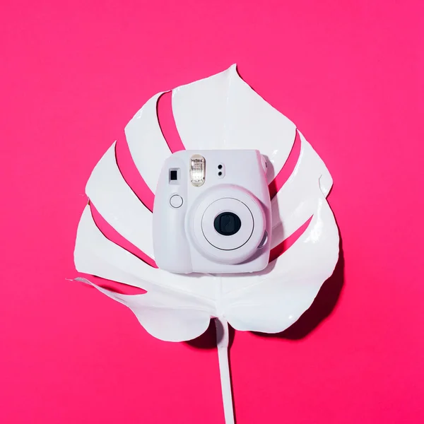 リトアニア・ヴィリニュス2019年9月16日:富士フイルムInstax Mini Instant Film Camera on pink background. — ストック写真