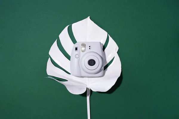 リトアニア・ヴィリニュス2019年9月16日:富士フイルムInstax Mini Instant Film Camera on green background. — ストック写真