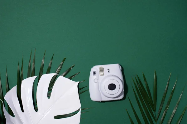 リトアニア・ヴィリニュス2019年9月16日:富士フイルムInstax Mini Instant Film Camera on green background. — ストック写真