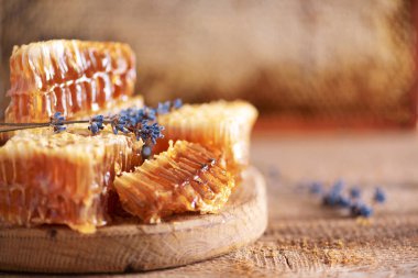 Taze bal peteği parçaları, ahşap zeminde kurumuş lavanta çiçekleri. Sonbahar hasat konsepti