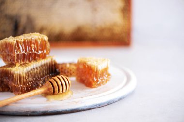 Taze bal peteği parçaları, gri arka planda kuru lavanta çiçekleri. Sonbahar hasat konsepti