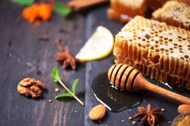 Sonbahar pikniği. Bitki çayı, bal ve arı ürünleri, elma, limon, takvim, koyu arkaplanda baharatlar. Alternatif tıpla bağışıklık sistemi desteği. Boşluğu kopyala