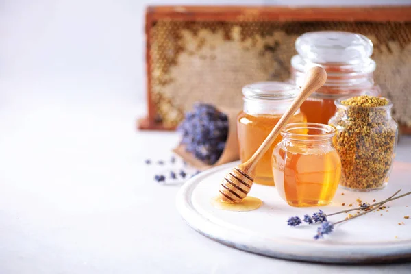 Herbal honey with lavender flowers, bee pollen granules, honey conb on grey background. Autumn harvest concept