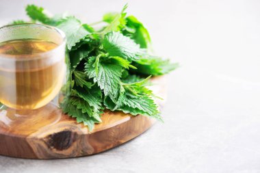 Isırgan otlu bir fincan sağlıklı bitki çayı. Alternatif bitkisel ilaç. Isırgan otu, urtica. Cilt alerjisi bakımı. Gri arka planda taze ısırgan otları