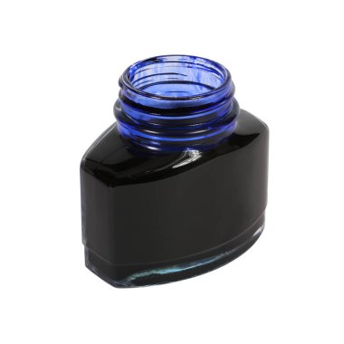 Açık bir şişe mavi mürekkep yazma. Kırpma yolu. Beyaz izole