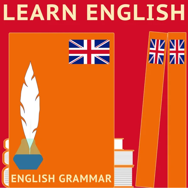 Lära sig engelska. Böcker, lärobok engelsk grammatik. Banner för engelska språkkurser, skolan. Vektor — Stock vektor