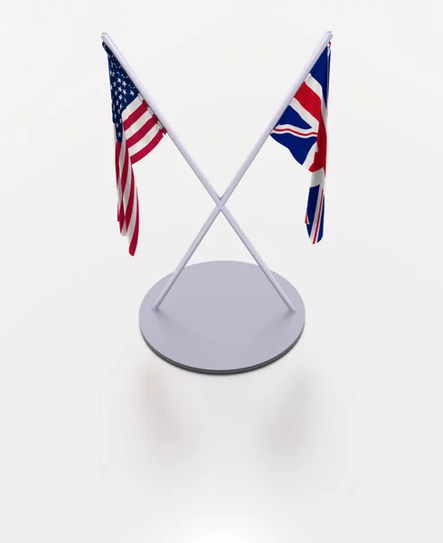 3D. Crossed desktop flags United States of America and Great Britain. US and UK negotiation