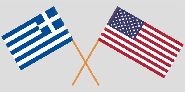 ギリシャ、アメリカ。ギリシャとアメリカの国旗を交差しました。公式の色。正しい割合。ベクトル — ストックベクタ