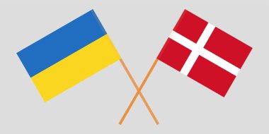 Ukrayna ve Danimarka. Çapraz Ukrayna ve Danca bayrakları. Resmi renkleri. Doğru orantılı. Vektör 