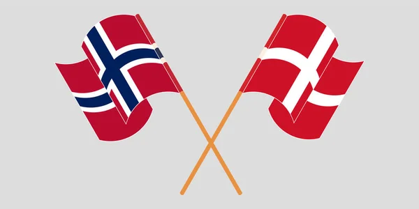 Banderas cruzadas y ondeantes de Noruega y Dinamarca — Archivo Imágenes Vectoriales