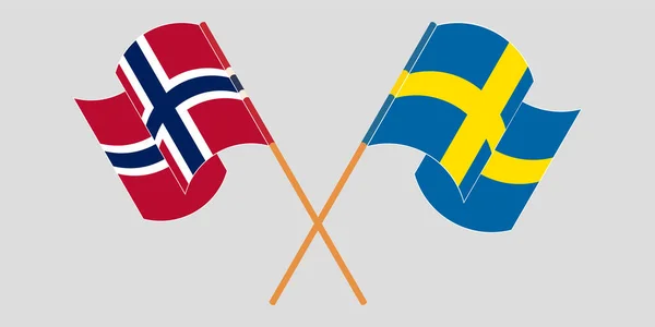 Banderas cruzadas y ondeantes de Noruega y Suecia — Vector de stock