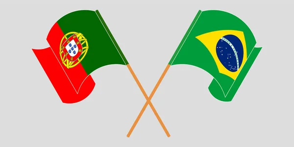 Banderas cruzadas y ondeantes de Brasil y Portugal — Vector de stock