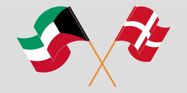 Banderas cruzadas y ondeantes de Kuwait y Dinamarca — Archivo Imágenes Vectoriales