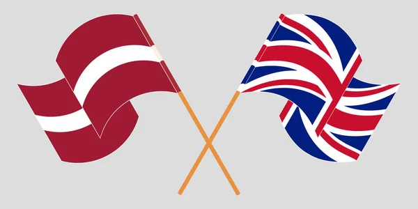 Διέσχισε και κυματίζει σημαίες της Λετονίας και του Ηνωμένου Βασιλείου — Διανυσματικό Αρχείο