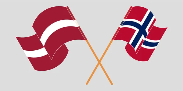Banderas cruzadas y ondeando de Letonia y Noruega — Archivo Imágenes Vectoriales