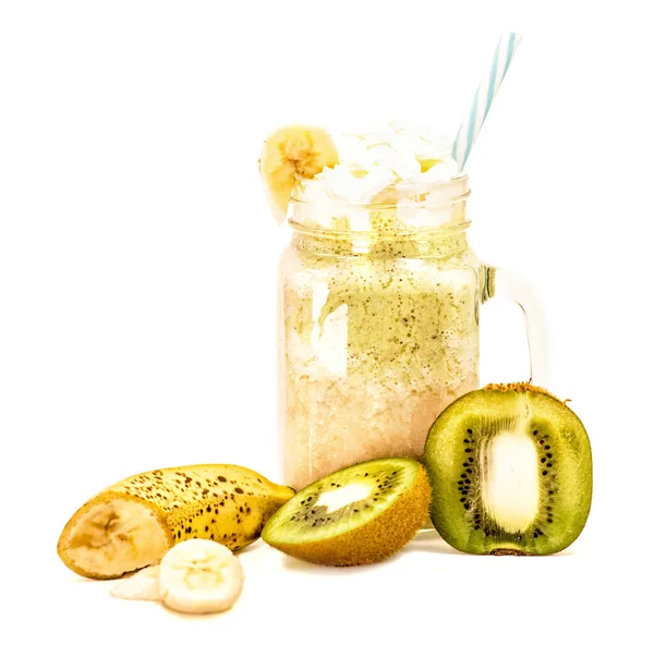 Banana Kiwi Milkshake Mason Jar Creme Top Drinking Straw Decorated — Stock Photo, Image