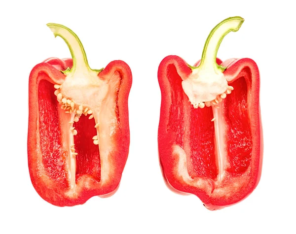 Red Bell Pepper Cut Halves Levitating Isolated White Background Clipping — Stock Photo, Image