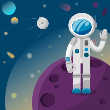 bir gezegende uzay vektör çizim içinde uydu selam duran kozmonot